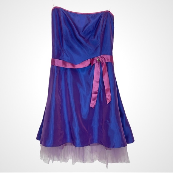 Vintage Y2K Iridescent Dress Tulle Lace-Up Corset Strapless Prom Dance Party Bow - Picture 1 of 13